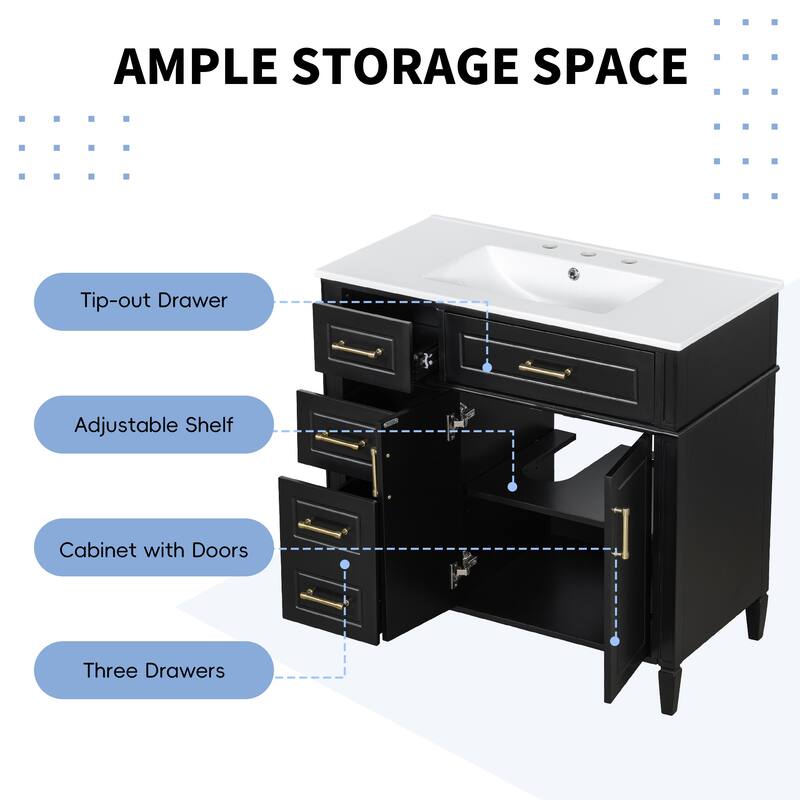 36 Inch Single Sink Bathroom Vanity Cabinet with 4 Drawers, Vanity Base & Ceramic Basin Set