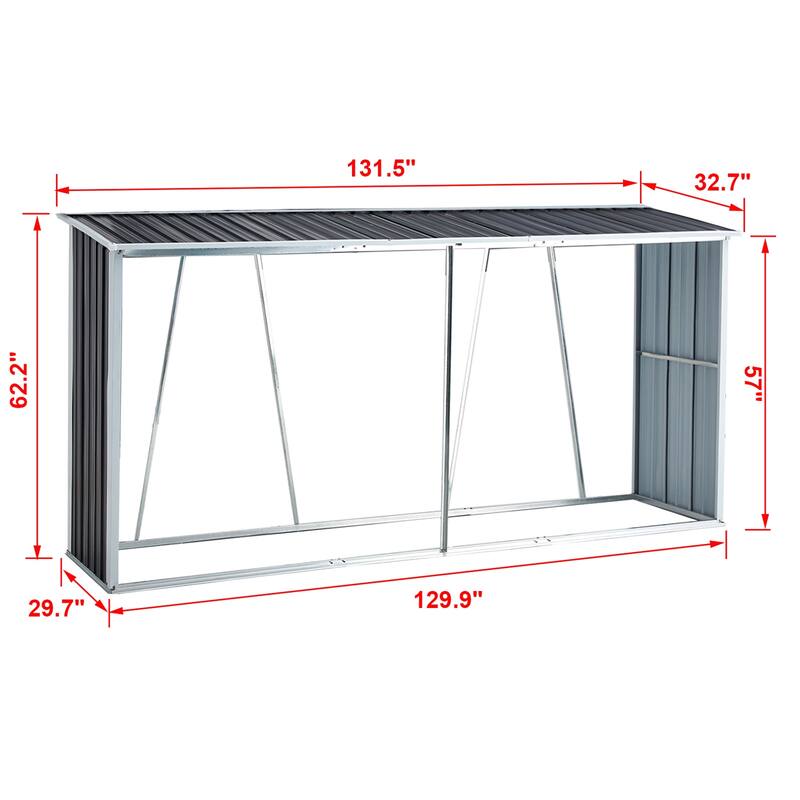 130" Galvanized Steel Firewood Rack, Roofed Log Holder for Patio, Gray