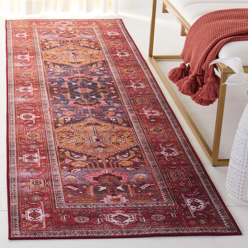 SAFAVIEH Tucson Machine Washable Slip Resistant Armenuhi Traditional Rug - 2'6" x 20' Runner - Navy/Rust
