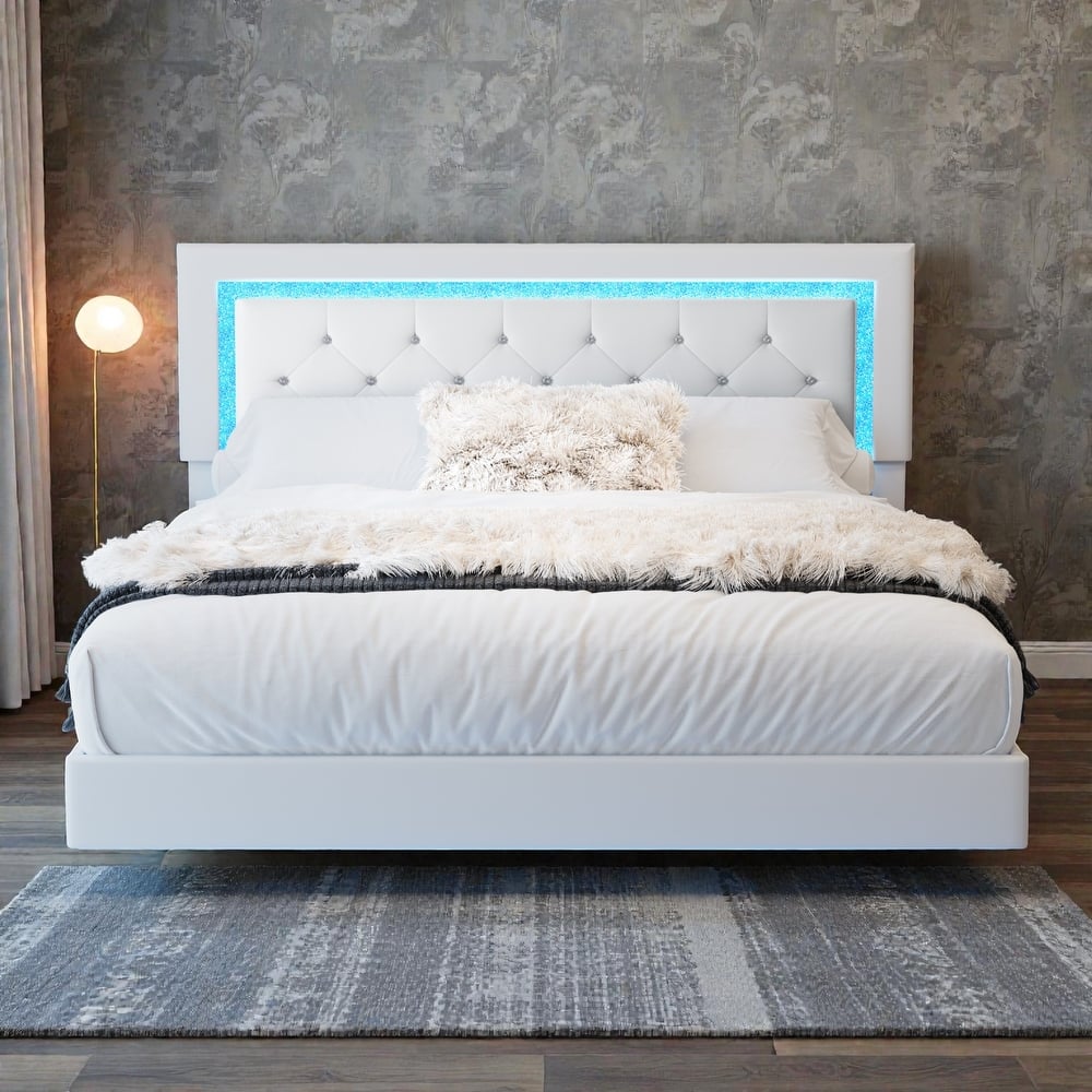 Floating Upholstered Bed Frame with LED Lights, Diamond Tufted Headboard, PU Leather Platform Bed, No Box Spring Needed