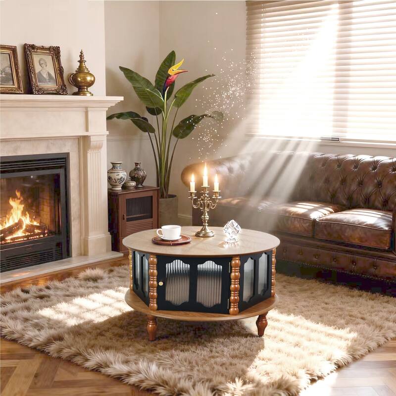 Rustic Round Coffee Table with Storage, 31.5" Wood Accent Table Mid Century Modern Center Tables with Door and Leg