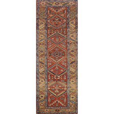 Hand Knotted Oriental 100% Wool Carpet Traditional Geometric Oranges & Rust Heriz (serapi) Runner Rug - 10' 5'' X 2' 11''