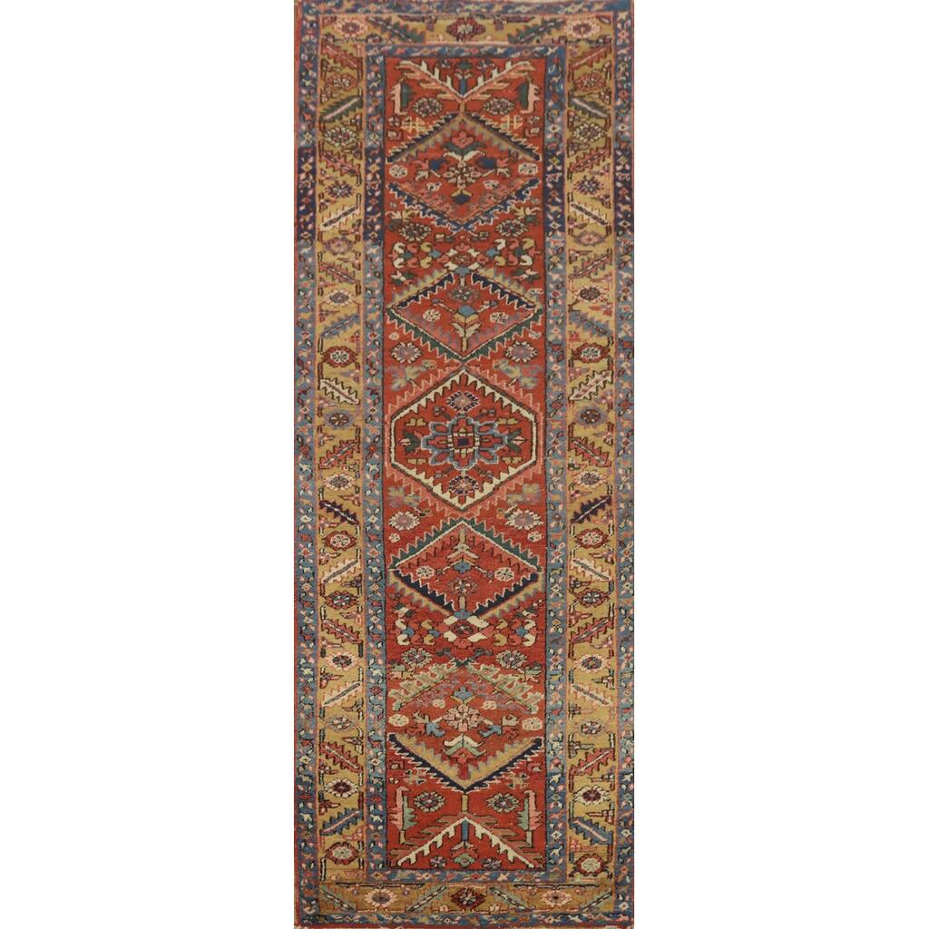 Hand Knotted Oriental 100% Wool Carpet Traditional Geometric Oranges & Rust Heriz (serapi) Runner Rug - 10' 5'' X 2' 11''