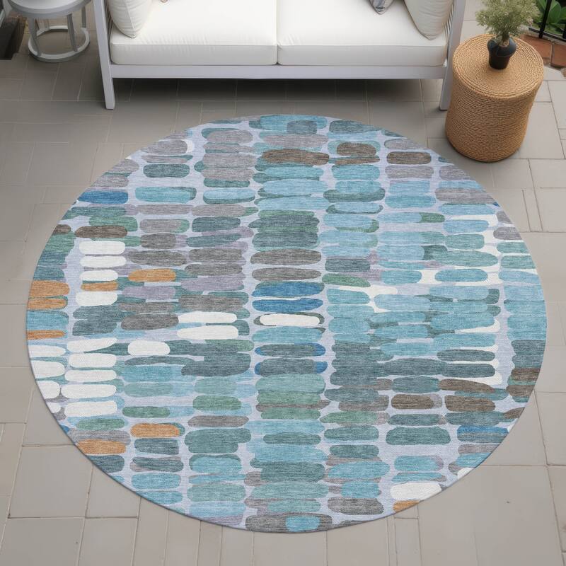 Machine Washable Indoor/ Outdoor Modern Caps Chantille Rug - Teal - 8' x 8'