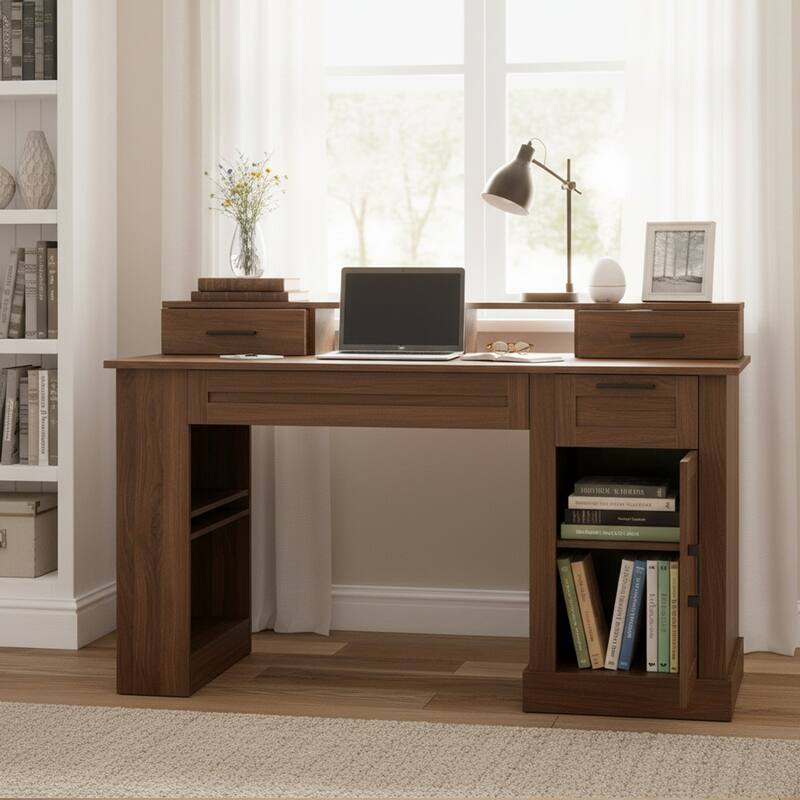 55" Farmhouse Office Desk with Storage, Charging Station, Barn Door & Keyboard Tray