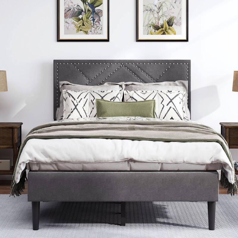 Full Size Bed with Storage Headboard, LED Mood Lighting, and Noise-Free Metal Frame - Grey - Full