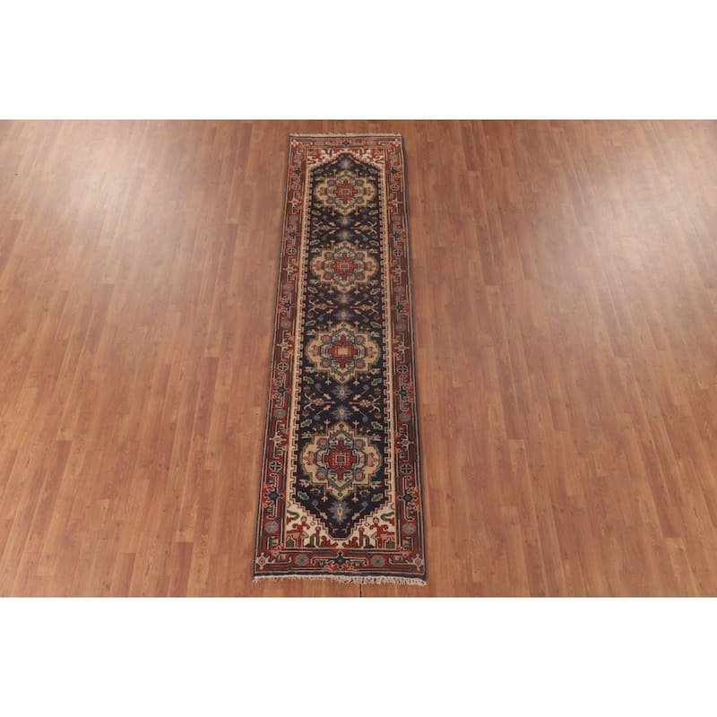 Navy Blue Heriz Serapi Runner Rug Hand-Knotted Wool Carpet - 2'7"x 9'10"