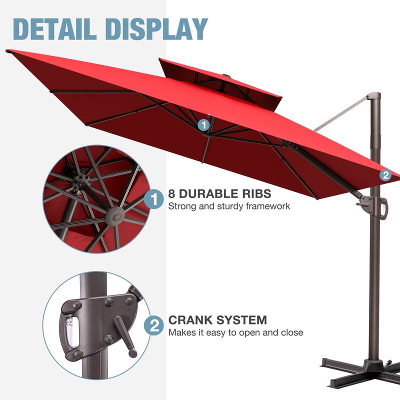 9 x 12 FT Outdoor Patio Double Top Rectangular Cantilever Umbrella with Wheel Base