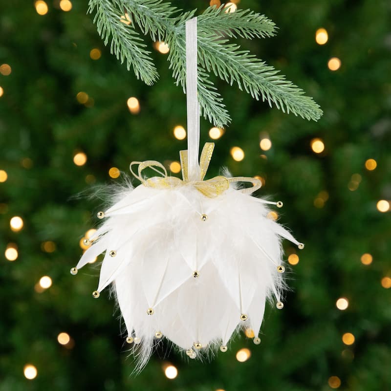 Beaded Feathers Christmas Ball Ornament - 5" - White