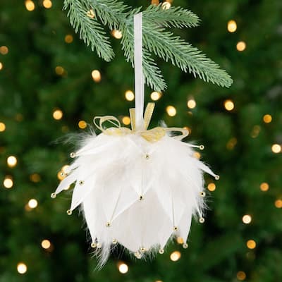 Beaded Feathers Christmas Ball Ornament - 5" - White