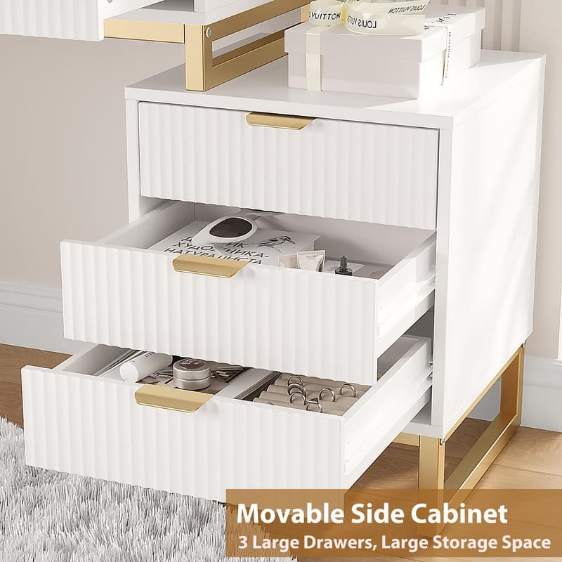Vanity Desk with LED Mirror and Stool, Movable Side Cabinet, 5 Drawers,