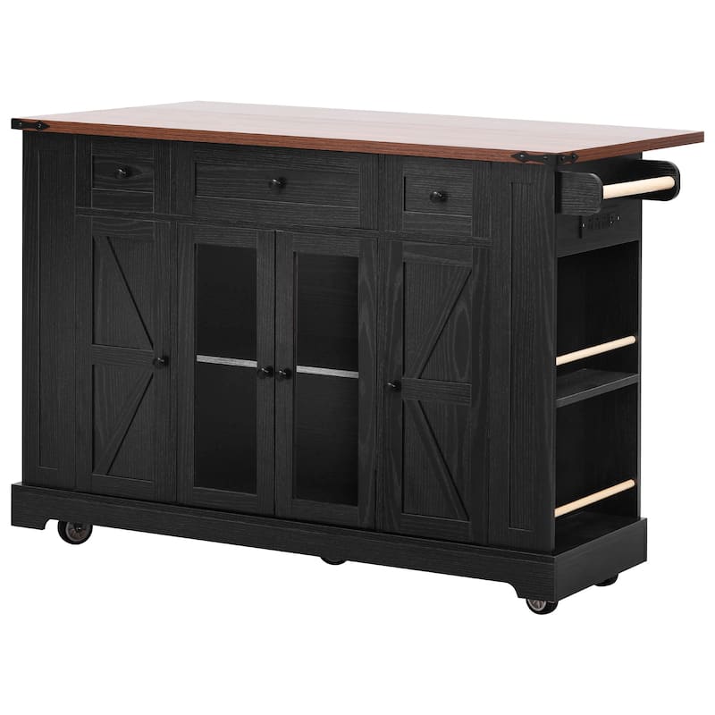 53'' Kitchen Island with Two Tempered Glass Cabinet Doors, Rolling Kitchen Cart on Wheels with Drop Leaf, Power Outlet