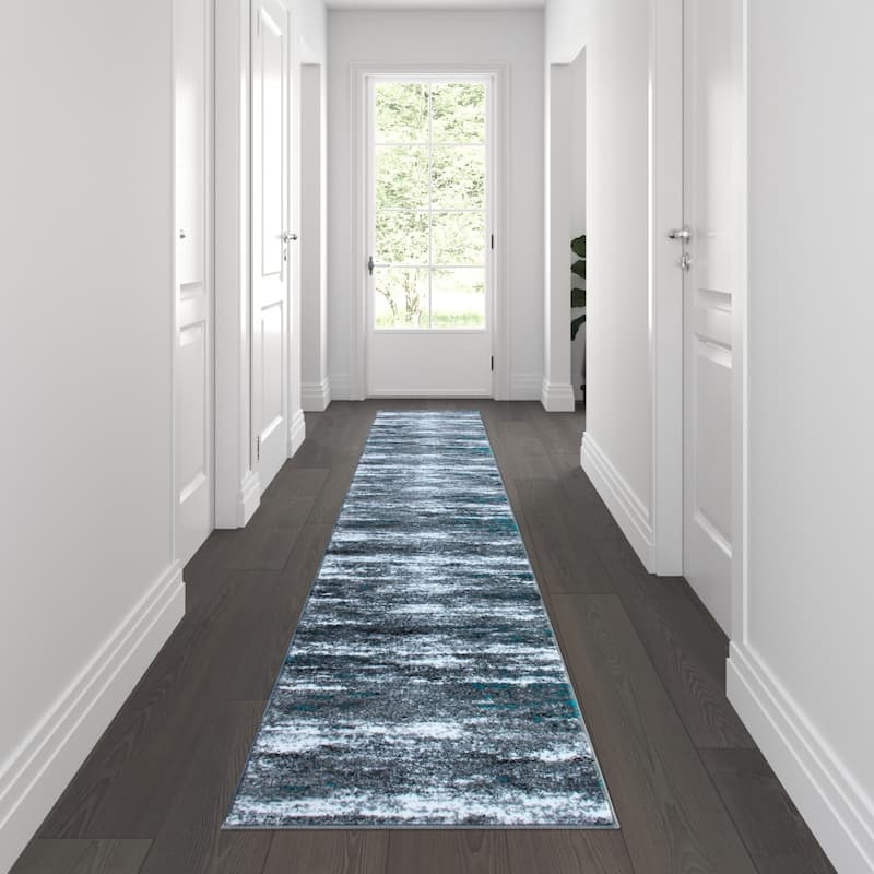 Distressed Motif Indoor Jute Back Olefin Area Rug - 2' x 11' - Turquoise