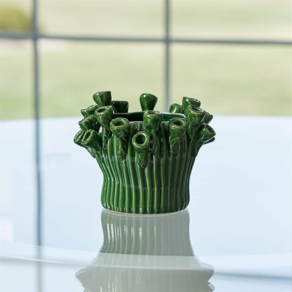 Floral Stoneware Vases - 5.5" - Green - Set of 2