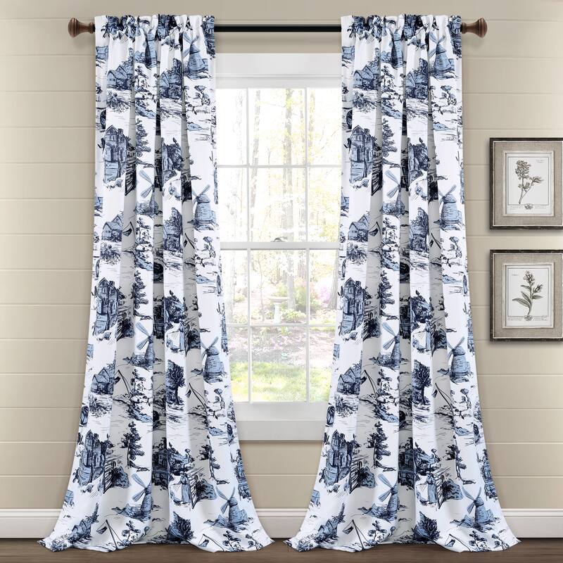 Lush Decor French Country Toile Room Darkening Window Curtain Panel Pair - 84 Inches - White & Blue