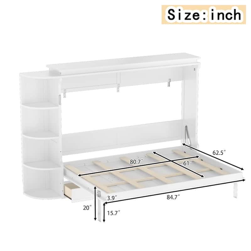 Murphy Platform Bed with Side Cabinets & Drawers, Wall Bed with Shelf for Home Office, Queen or Full