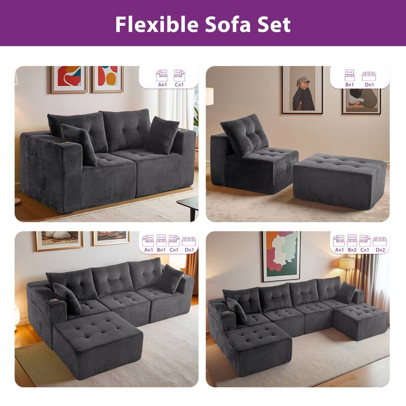 Corduroy Modular Sectional Sofa - 35.8"D x 101"W x 26.3"H