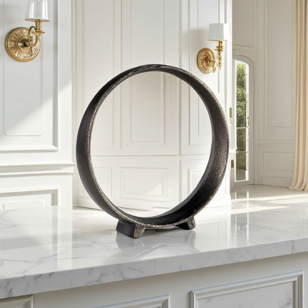 Dalie Sculpture, Round Metal Accent Tabletop Size, 12 Inch, Black