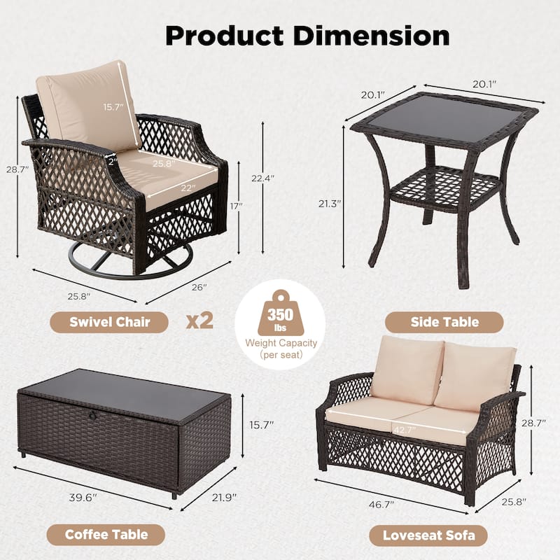 Outdoor Wicker Patio Set w Swivel Chairs & Sofa, Ottomans and Tables, Modular 3/5/6/7-Piece, All-Weather Conversation Set.