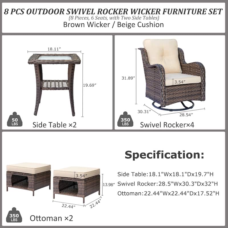Wicker Outdoor Patio Conversation Seating Sets with Swivel Rocker Chairs