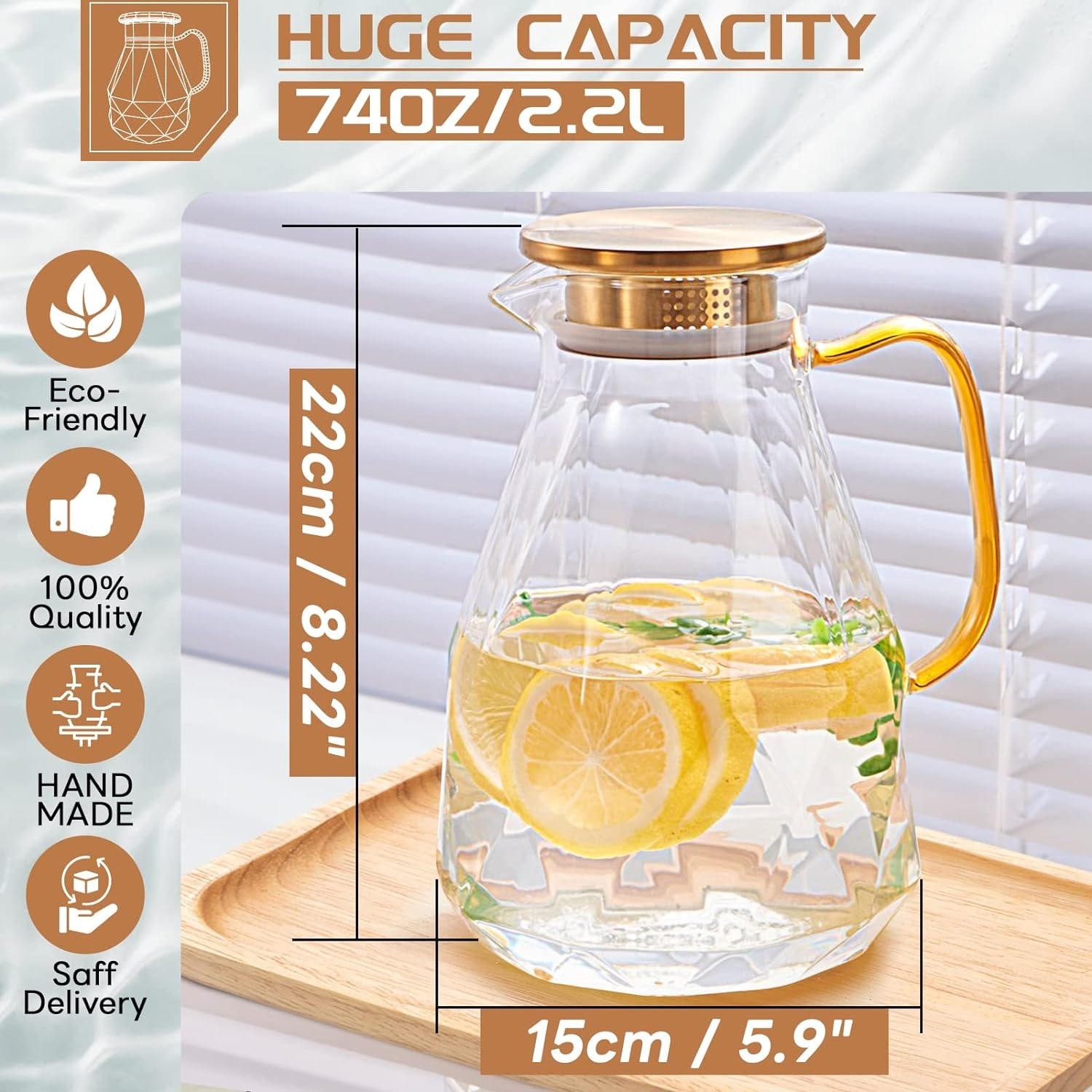 2.2 Liter Water Pitcher With Lid, Glass Water Carafe With Lid - Bed Bath &  Beyond - 42409745