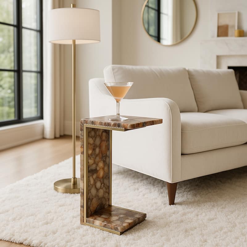 Stone Metal Accent Table Modern C-Shape Glam Finish - 25" Brown - 14" x 10" x 24.75"