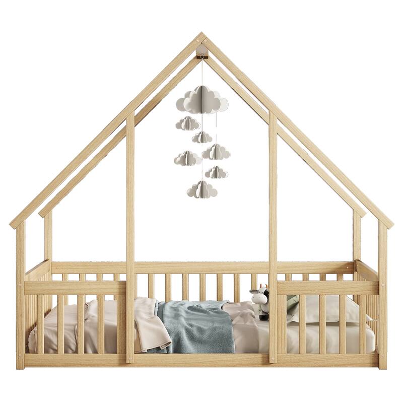 Full Size House-Shaped Floor Bed with Safety Guardrails, Pine Wood Structure, Fun & Safe Bed for Kids & Toddlers