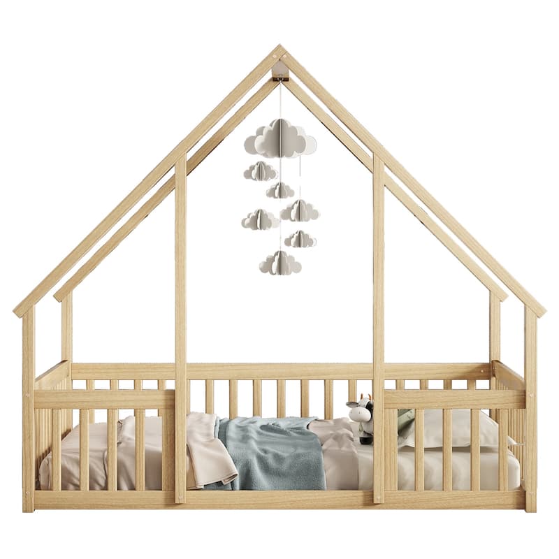 Natural Full Size Pine House-Shaped Floor Bed with Roof & Guardrails