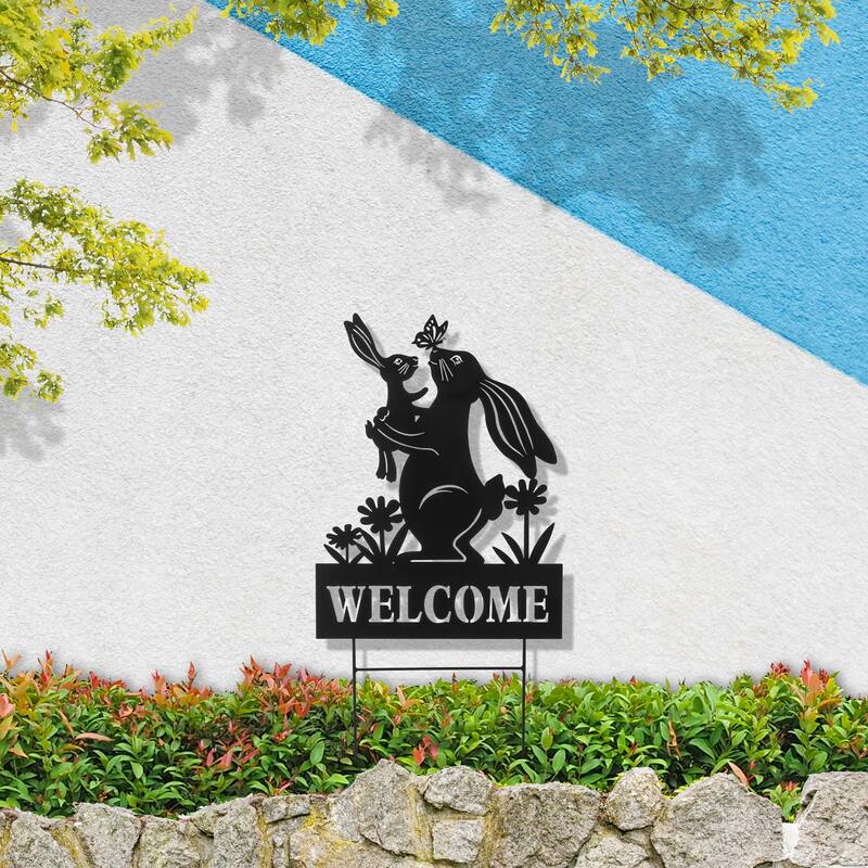 Glitzhome 30"H Multi-functional Metal Rabbit Flower Fairy Silhouette with Welcome Sign Garden Yardstake Wall Decor
