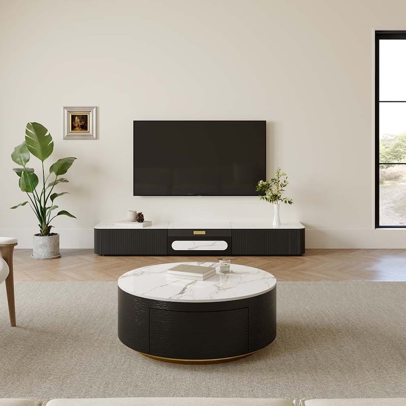 Modern TV Stand for Projector, Sintered Stone TV Cabinet with Drawers for Home Theater, Oak Veneer MDF, Black & White