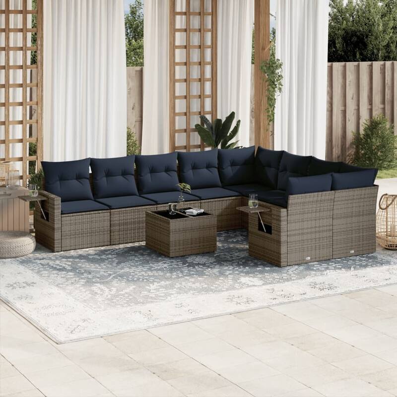 vidaXL Patio Sofa Set with Cushions Outdoor Conversation Furniture Poly Rattan - 24.4 x 24.4 x 27.2 - Grey and Blue-With table