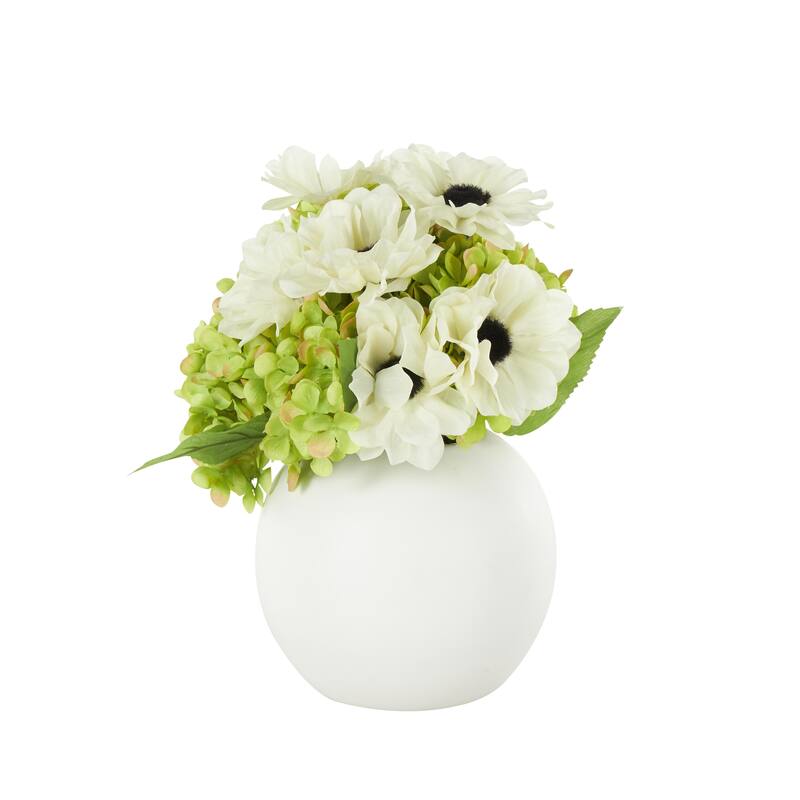 Fabric Artificial Flower with Green Leaves and Round Ceramic Vase - White - Roche River Decor - White