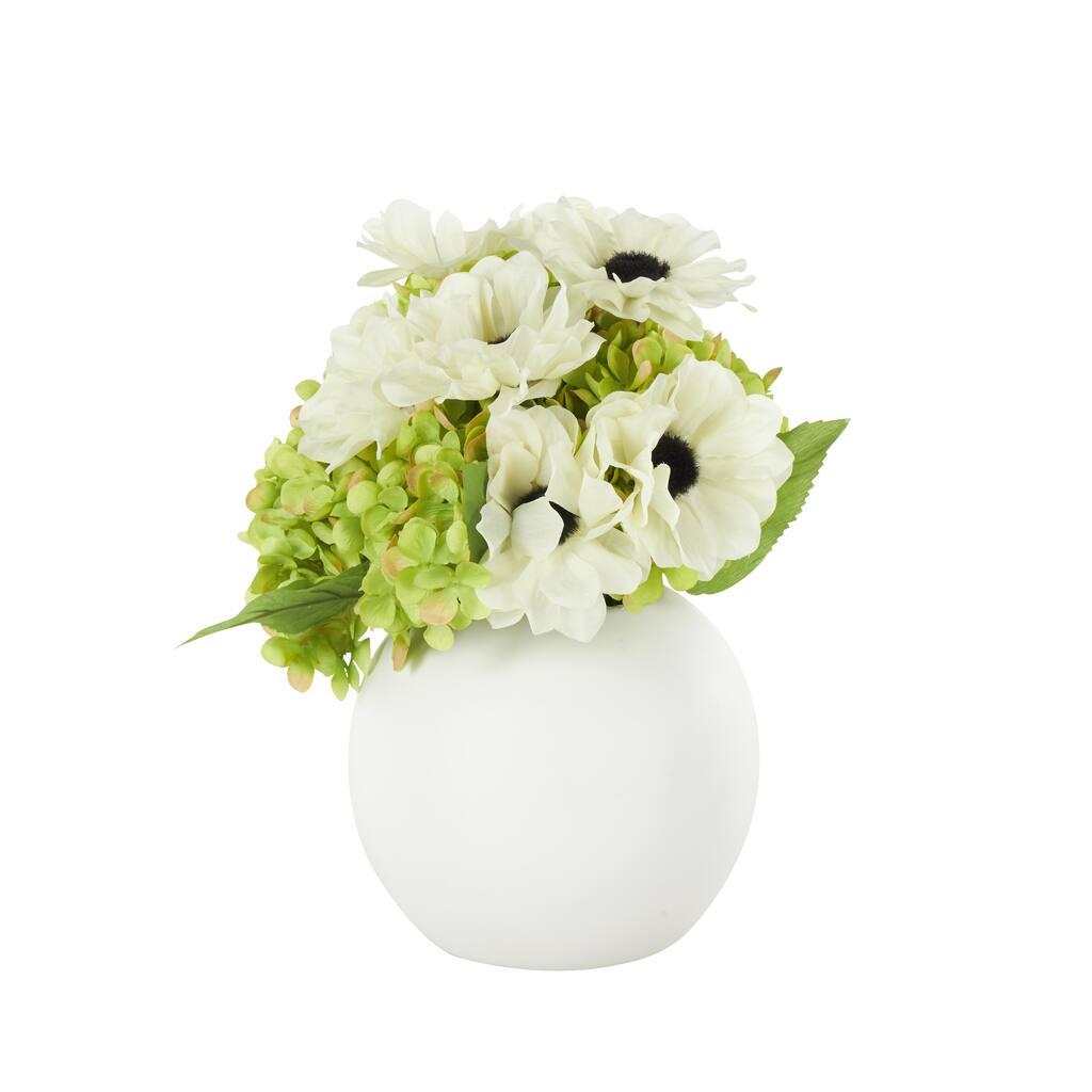 Fabric Artificial Flower with Green Leaves and Round Ceramic Vase - White - Roche River Decor