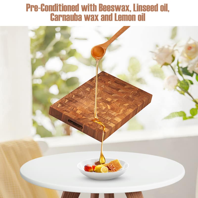 Multi-Purpose Teak Wood End Grain Cutting Board with Hand Grips Reversible Chopping and Serving Board - 18" L x 12" W x 2" H