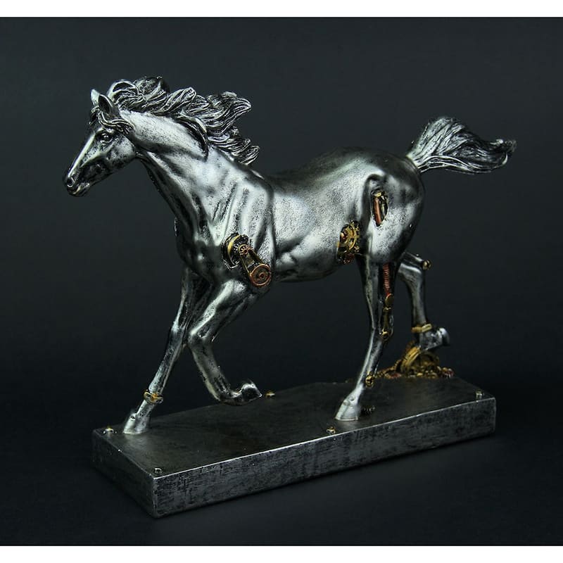 Steam Stallion Metallic Silver Running Steampunk Horse Statue - 8.75 X 11.25 X 3 inches