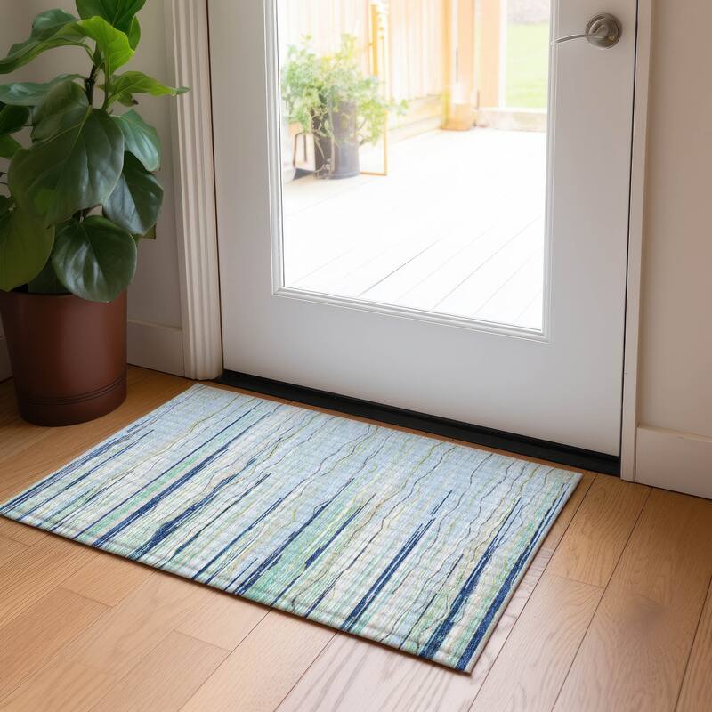 Machine Washable Indoor/ Outdoor Modern Stripe Chantille Rug - Sky - 1'8" x 2'6"