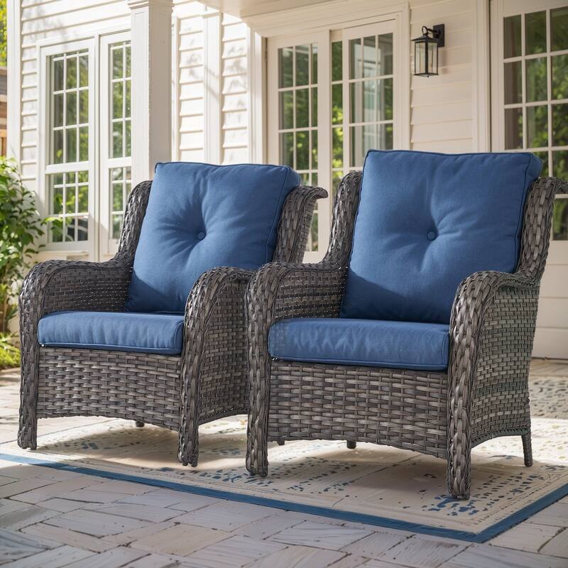 Outdoor Arm Chair with Cushion Rattan Chair - Grey Rattan - Blue Cushion - 2PCS - Patio Chair