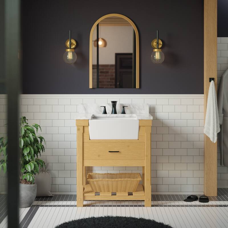 KitchenBathCollection Charlotte 30" Farmhouse Bathroom Vanity with Carrara Marble Top - Driftwood