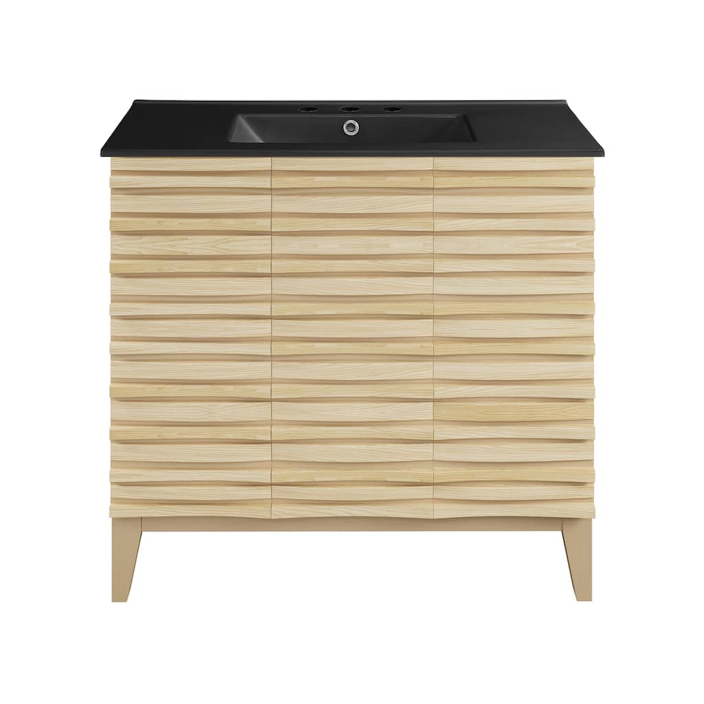 Cascade 36 In. Natural Oak Bathroom Vanity With Black, 3-Hole Ceramic Sink Top