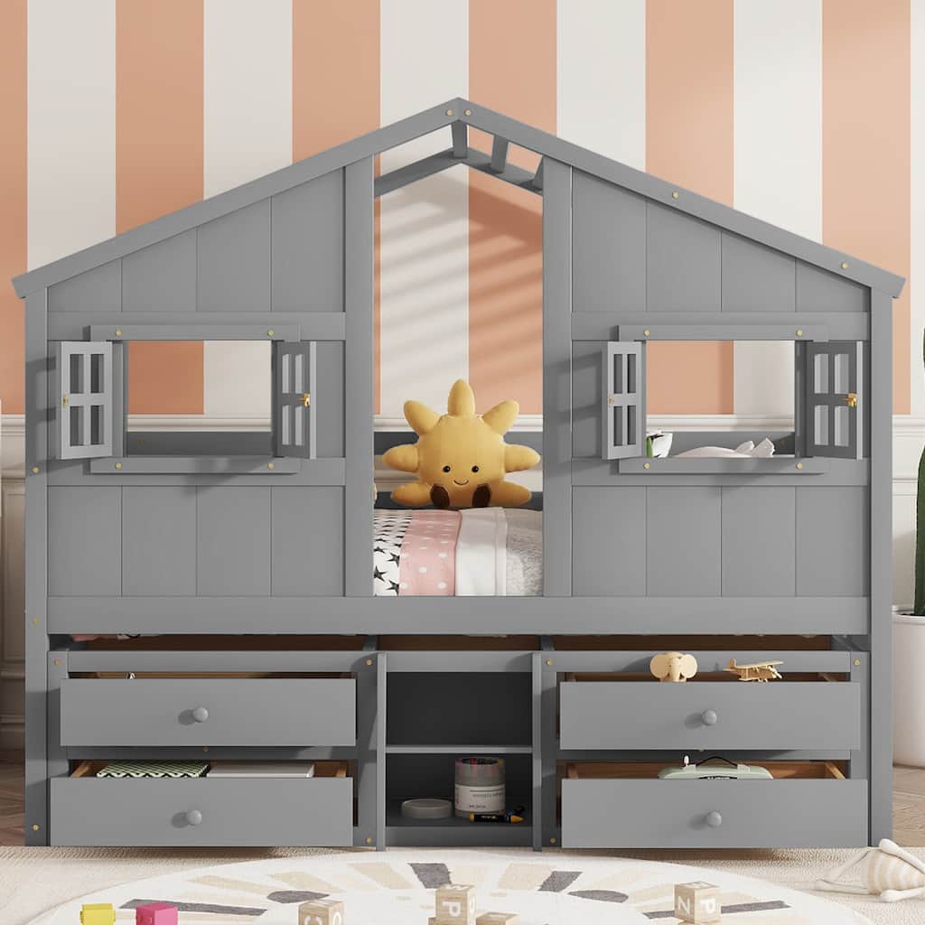 Full Size House Loft Bed with Roof, Windows, 4 Drawers, Safety Guardrails, Ladder, Grey