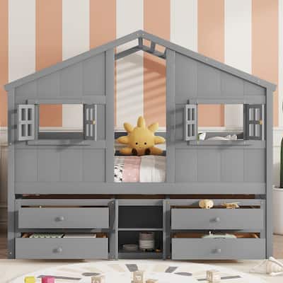 Full Size House Loft Bed with Roof, Windows,4 Storage Drawers,Pine Wooden Bed with Safety Guardrails,Ladder