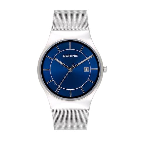 BERING Mens Classic Stainless Blue Dial Mesh Strap Watch