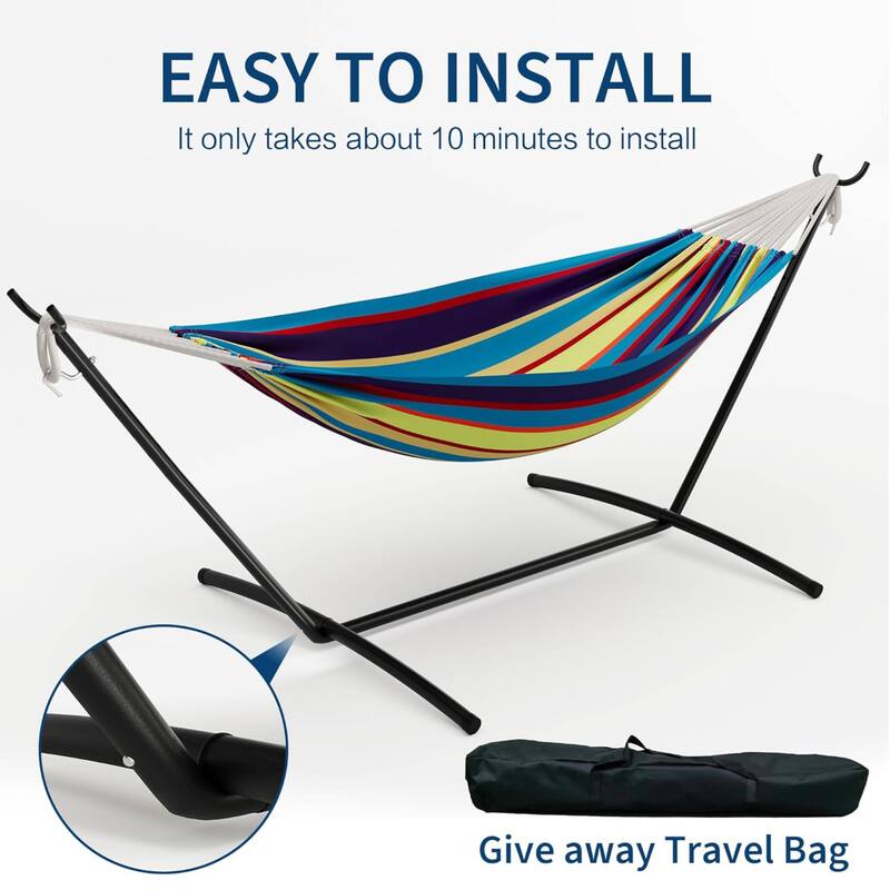 450lb Large Capacity Double Hammock with Steel Stand with Carry Bag for Patio Backyard Poolside