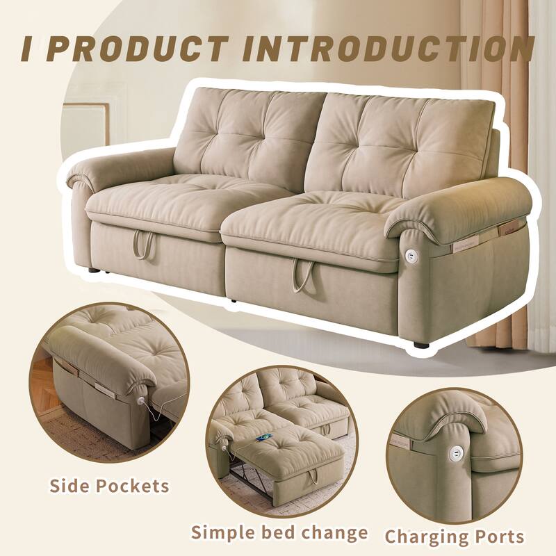 2-in-1 Velvet Pull Out Sleeper Sofa Bed Convertible Loveseat Couch for Sitting, Napping or Sleeping with Side Pockets and USB