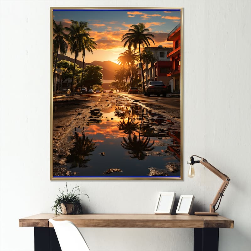 Designart "Puerto Rico Landscape" Puerto Rico Framed Canvas Art Print - Gold - 16 in. wide x 32 in. high