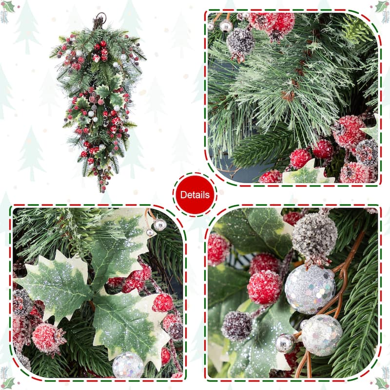 Glitzhome Christmas Berry Bow Pinecone Bell Holy Leaf Teardrop Swag Xmas Wreath