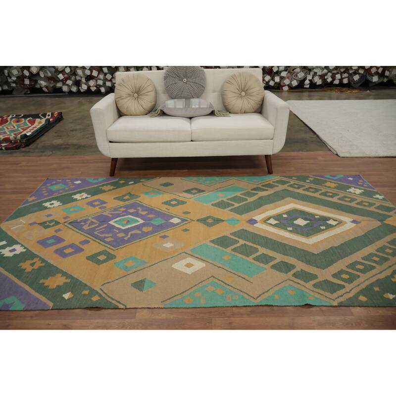 Hand Woven Oriental 100% Wool Carpet Southwestern Modern Green Kilim Area Rug - 9' 1'' X 5' 1''