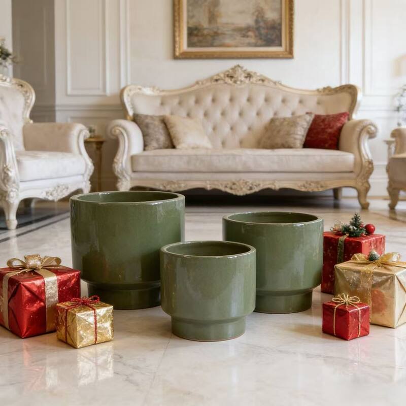 Handmade Indoor/Outdoor Ceramic Planter Set with Earthy Glossy Finish