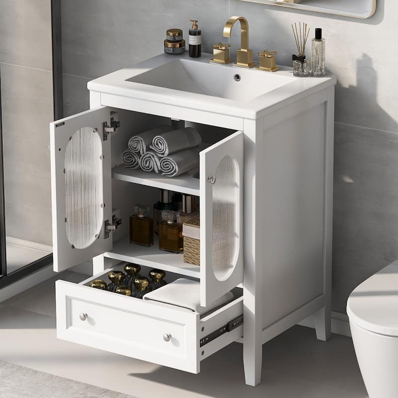 Bathroom Vanity with Sink, Vanity Set with 1 Drawer and 2 Glass Doors, Bathroom Storage Cabinet with Adjustable Shelf