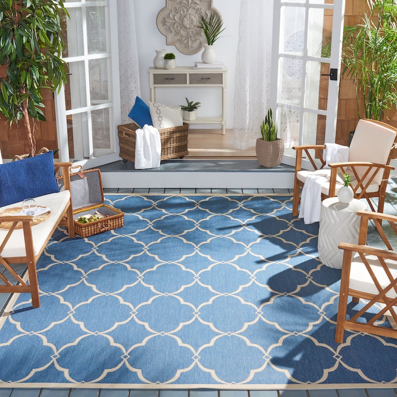 SAFAVIEH Beach House Caetana Indoor /Outdoor Waterproof Patio Backyard Rug - 6'7" x 9'2" - Blue/Creme
